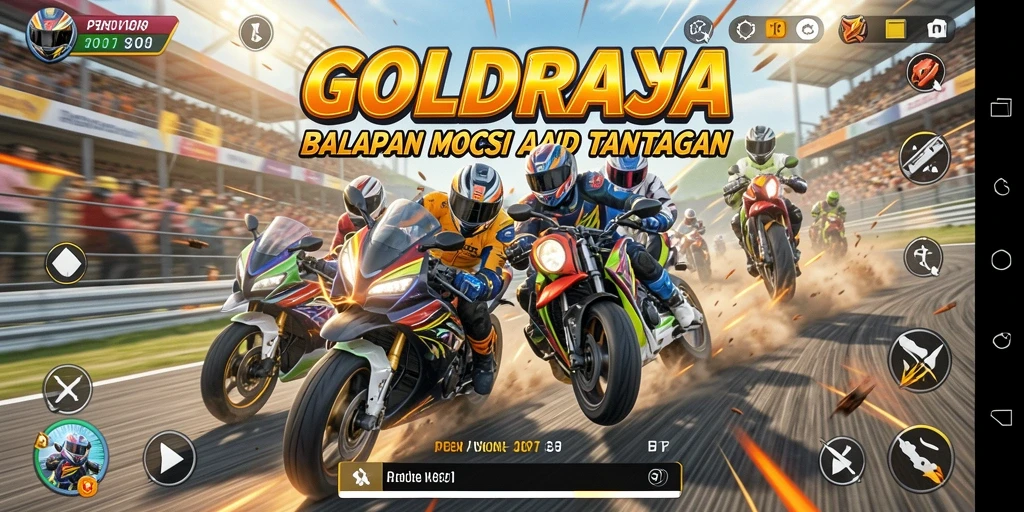 Screenshot gameplay GOLDRAJA menampilkan balapan motor yang seru dan menantang.