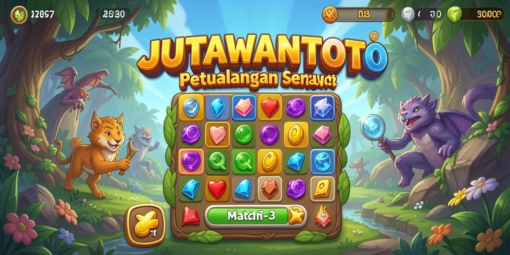 Screenshot utama JUTAWANTOTO menampilkan gameplay Match-3 yang seru dan penuh warna.