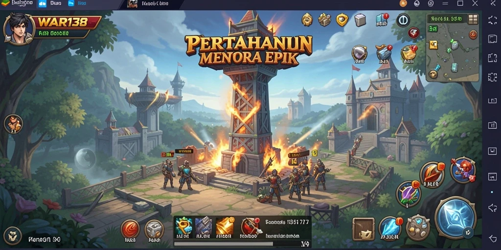 Tampilan gameplay WAR138 dengan menara dan musuh yang beragam.